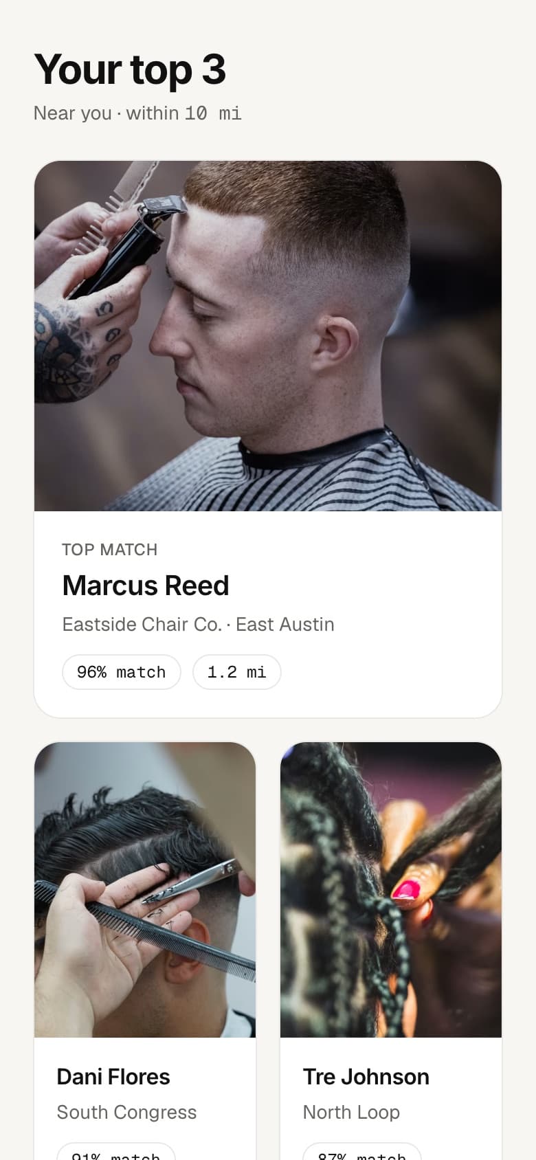 The MatchCut app showing a client's top 3 barber matches, with match percentages and distances